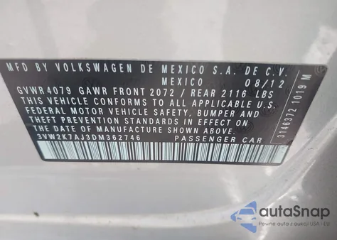 2013 Volkswagen Jetta 2.0L S из США, поврежденный, VIN 3VW2K7AJ3DM362746